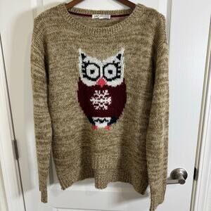 Jolt Owl Sweater Cream Brown Tan Juniors Size Large  Whimsical Warm Quirky Fun